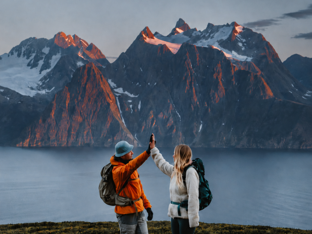 Two hikers overlooking a Nordic mountain landscape, representing how Navigora turns company data into growth.